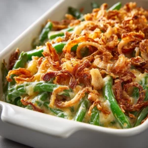 Green bean casserole with cheddar cheese and crispy onion topping.