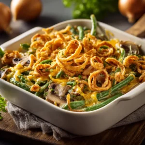 Cheesy casserole with green beans, mushrooms, and crispy onion topping fresh out of oven.