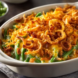 Cheesy green bean casserole baked golden with crispy fried onions on top.