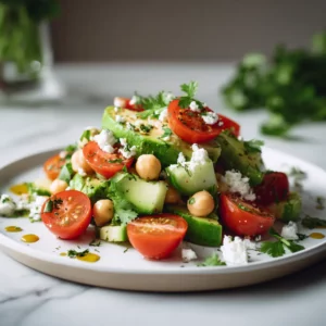 Fresh chickpea feta avocado salad served in a bowl with parsley garnish.