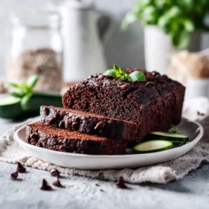 Rich chocolate zucchini bread loaf with chocolate chips and walnuts.