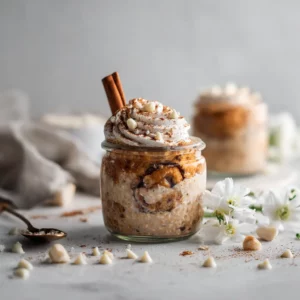 Overnight oats with cinnamon swirl, creamy texture, and chocolate chips on top.