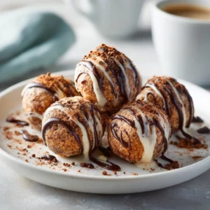 Healthy Cinnamon Roll Protein Bites stacked on a tray, golden oats and cinnamon topping.