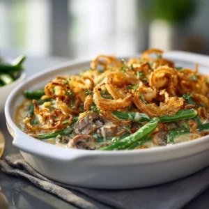 Cheesy green bean casserole with golden fried onion topping, served warm in a baking dish.