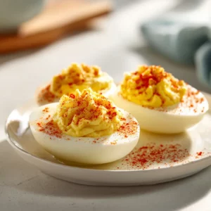 Creamy deviled eggs topped with mashed avocado and paprika
