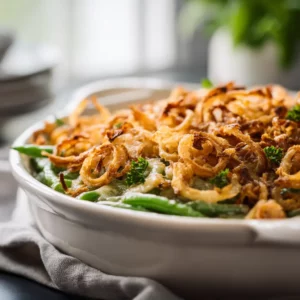 Vegan green bean casserole topped with golden fried onions, creamy plant-based sauce, served in modern white dish.