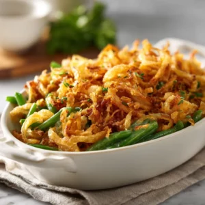 Cheesy green bean casserole with melted cheddar and golden onion topping.