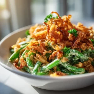 Ultra-realistic close-up of creamy green bean casserole topped with golden crispy onions, served hot in a modern white baking dish.