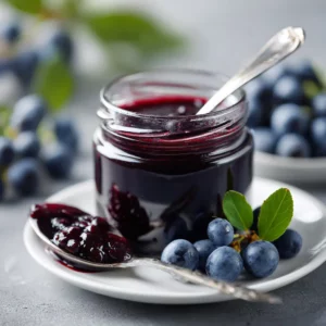 Homemade huckleberry jam in small jars with fresh huckleberries beside them on a bright kitchen counter.