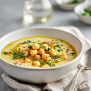 Hearty chickpea and potato soup with fresh parsley garnish in a modern white bowl.