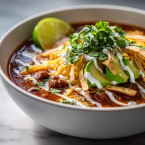 Cheesy taco soup with ground beef and lime ranch drizzle in a modern bowl.