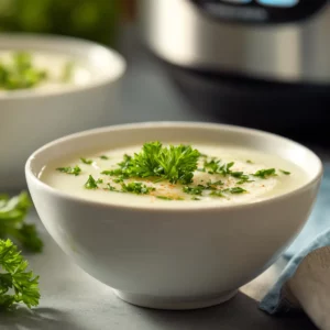 Vegan potato and celery soup in crockpot with coconut cream.