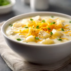 Creamy potato soup with cheddar cheese and cubed potatoes served warm for a cozy dinner.