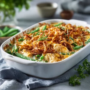 Cheesy chicken, rice, and green bean casserole baked golden in a white dish.