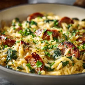 Creamy chicken sausage orzo topped with cheddar and spinach in a white serving bowl