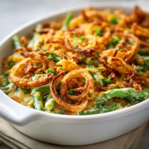 Creamy green bean casserole topped with crispy onions baked golden brown.