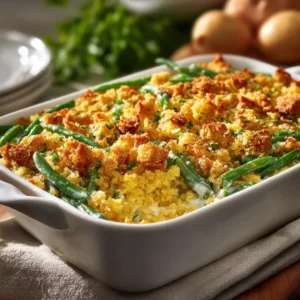 Golden cornbread-topped green bean casserole baked to perfection.