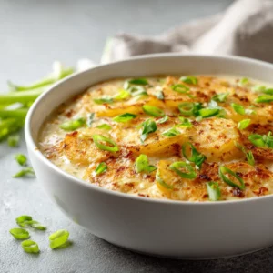 Creamy vegetarian potato soup with hashbrowns and cheddar in a skillet.