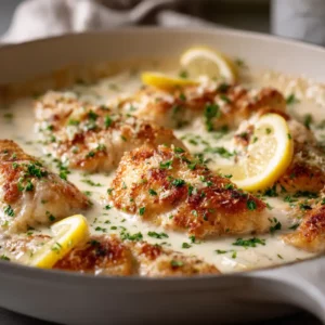 Skillet with juicy chicken breasts in creamy lemon parmesan sauce, topped with fresh herbs.