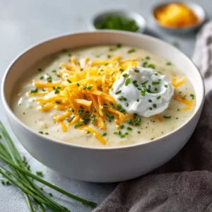 Creamy loaded baked potato soup topped with sour cream, cheddar, and fresh chives in a white bowl.