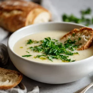 Creamy potato soup topped with fresh parsley in a clean white bowl.