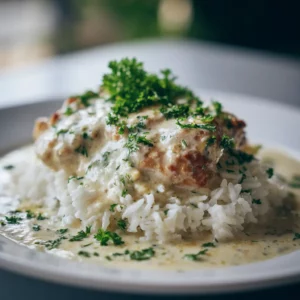 Creamy shredded chicken and rice in gravy with fresh herbs