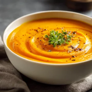 Creamy vegan sweet potato and carrot soup in a white bowl, garnished with fresh parsley, served warm for a cozy fall meal.