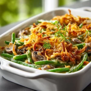 Creamy green bean casserole with mushrooms and crispy onions baked to golden perfection.