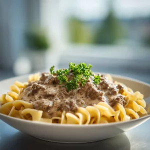 Creamy ground beef stroganoff with noodles served fresh and warm