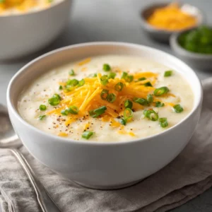 Creamy ranch potato soup with sausage and cheese, served hot with green onion garnish.