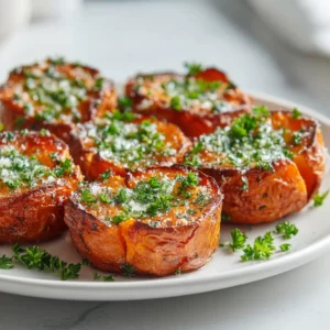 Golden crispy sweet potato bites with parmesan butter served on modern plate.