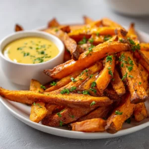 Spicy baked sweet potato fries with sriracha mayo dip, served hot and crispy.