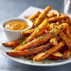 Golden crispy Cajun sweet potato fries with a spicy dip served fresh on a white plate.
