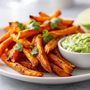 Spicy chili-lime sweet potato fries served with creamy avocado dip in a white bowl.