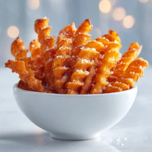 Curly oven-baked sweet potato fries, golden and crispy, served fresh on a modern plate.