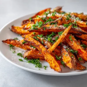 Close-up of oven-baked sweet potato fries topped with garlic and Parmesan, golden and crispy on a white plate.