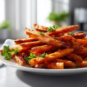 Crispy baked sweet potato fries seasoned with smoky paprika, served hot without oil.