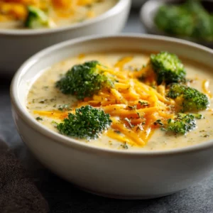 Cheddar broccoli potato soup with tender chicken chunks in a creamy crockpot base.
