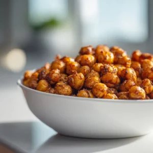 Golden crispy chickpeas cooked in the air fryer, seasoned with paprika and garlic for a vegan protein-packed snack.