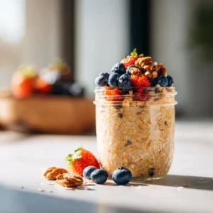 Overnight oats with brown sugar and banana slices in a glass jar.