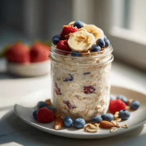 Overnight oats with chocolate and banana in a modern glass jar.