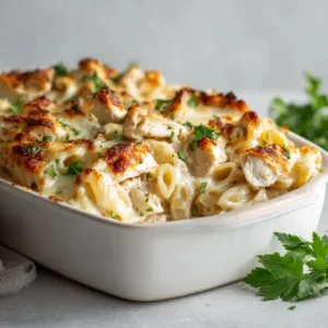 Creamy Chicken Alfredo Tortellini Casserole baked with golden cheese and parsley garnish.