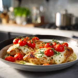 Cheesy chicken breasts with cherry tomatoes and Italian seasoning, quick one-pan weeknight meal.