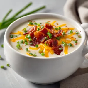 Creamy potato soup with beef bacon and melted cheddar cheese in a cozy dinner setting.