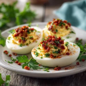 Southern-style deviled eggs with pickle relish and beef bacon topping, served on a clean deviled egg plate.