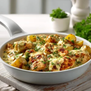 Cheesy garlic chicken and potatoes in creamy sauce on a plate.