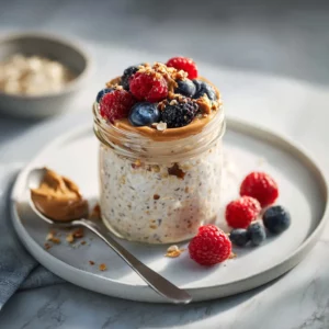 Chocolate high protein overnight oats in a jar with banana slices and cocoa dusting.