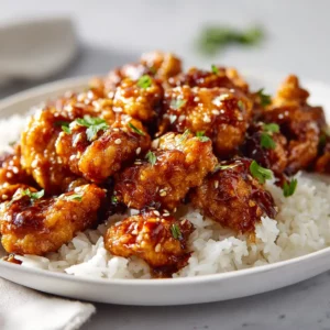 Honey garlic chicken bites served over rice, sticky sauce glistening with sesame seeds and green onions.