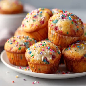 Mini funfetti muffins with rainbow sprinkles on cooling rack, healthy back to school snack idea.