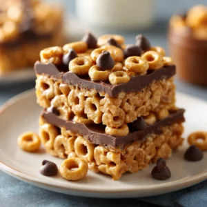 Healthy Cheerio and peanut butter bars stacked on a plate with chocolate drizzle.